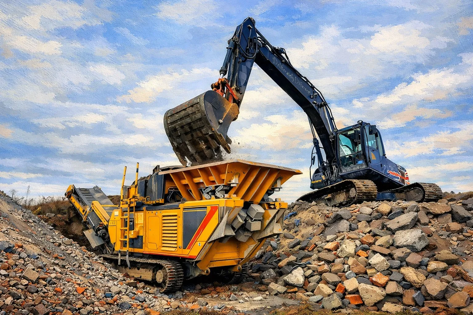 Nakladač vkladá materiál do mobilného drviča